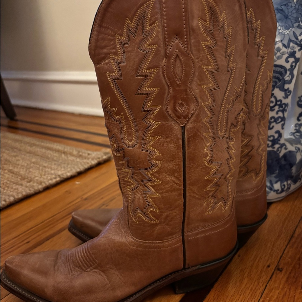 Old West LF1529 Women’s Tan Leather Heeled Cowboy Boots - Picture 3 of 7